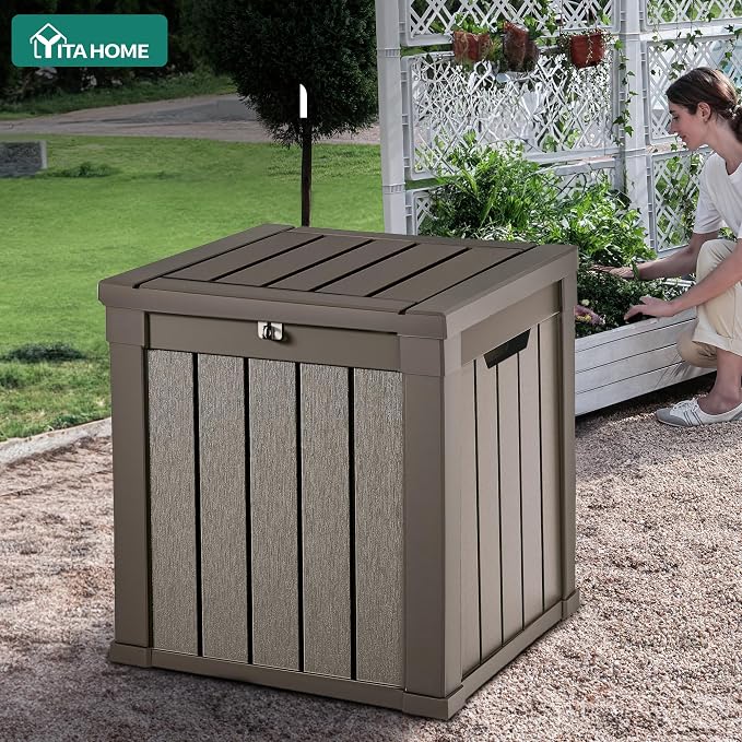 YITAHOME 51 Gallon Outdoor Storage Deck Box, Waterproof Resin Package Delivery and Storage Box with Lockable Lid for Patio Furniture Cushions, Pool Accessories, Garden Tools, Taupe