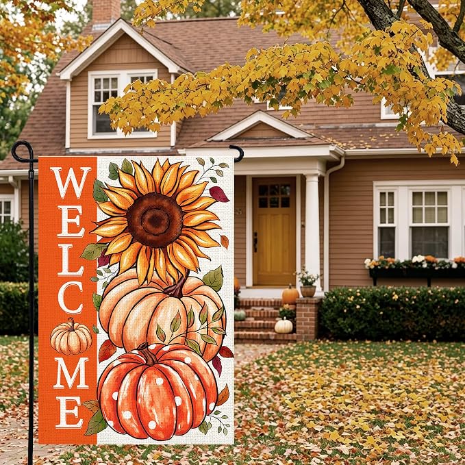 Sunflower Pumpkin Garden Flag 12x18 Inch, Double Sided Autumn Thanksgiving Burlap Flag for Yard Outdoor Decoration