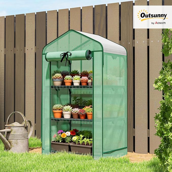 Outsunny 3 Tier Mini Greenhouse with Screen Roof, 27.6" x 19.7" x 50", Portable Small Greenhouse with High Strength PE Cover, Roll-Up Zipper Door for Garden Yard Backyard, Green