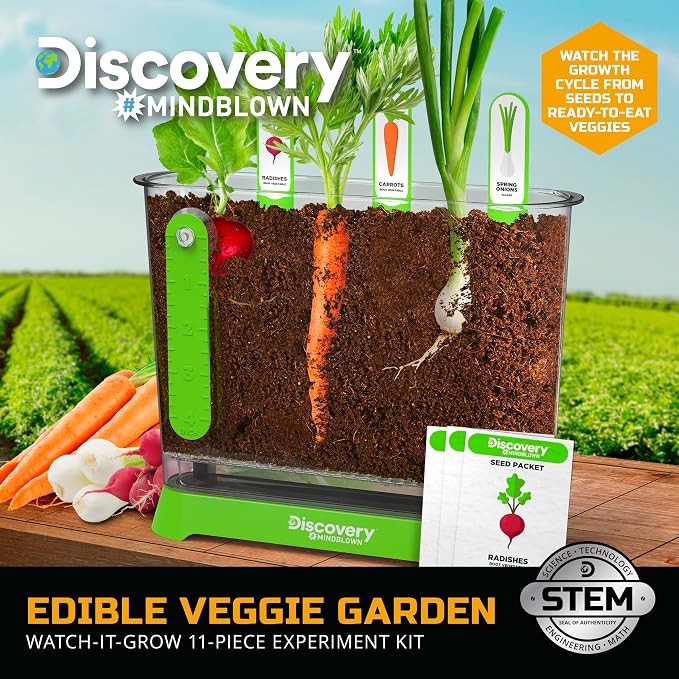 Discovery™ Edible Veggie Garden Watch-It-Grow Kit – DIY STEM Activity for Kids | Grow Carrots, Radishes & Onions| 11-Piece Science Kit with Seeds, Potting Mix & Root Tracker| Learning Toy Gift Ages 6+