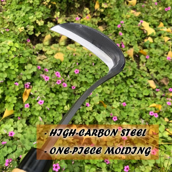 Japanese Weeding Sickle Hoe Gardening Tools 13-Inch Weed Remover Tool High-Carbon Steel One-Piece Molding with Hard Solid Wood Handle(Snake-Necked)