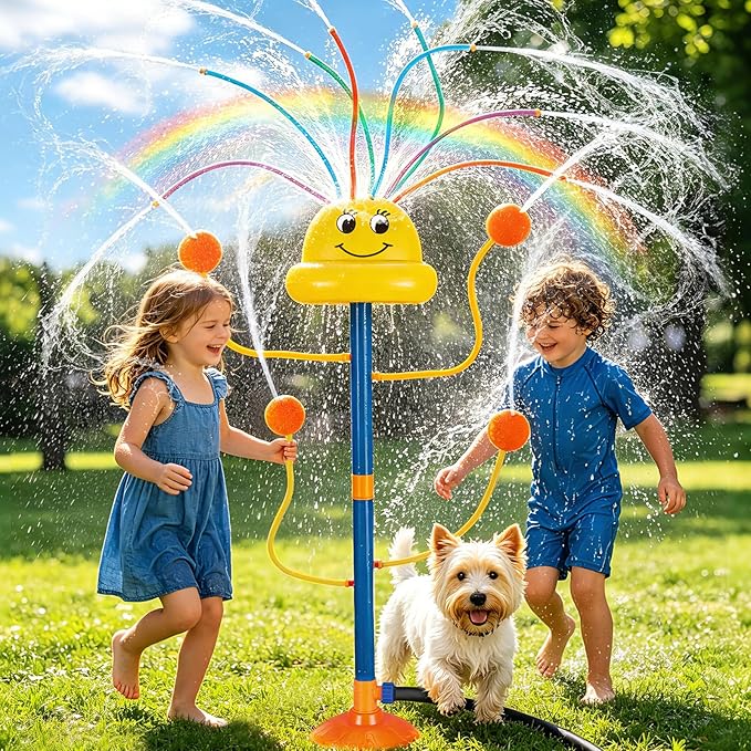 Water Sprinkler Outdoor Yard Toy for Kids, Summer Smile Face Rainbow Kids Sprinkler with 8 Wiggle Tubes 4 Nozzle, Water Sprinkler Outdoor Yard Lawn Toy for Kids for 3 4 5 6 7 8 Year Boy Girl