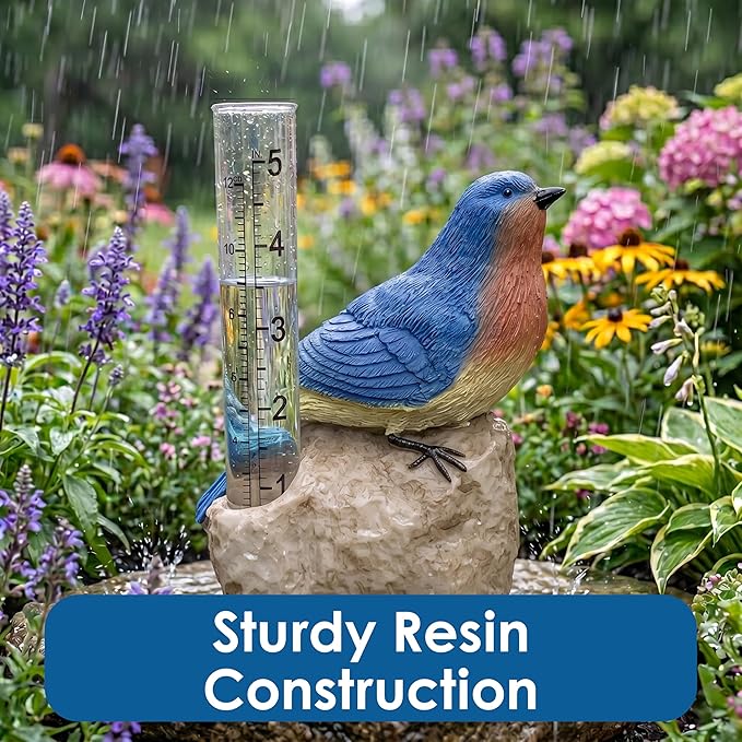 Gift Essentials Bluebird Decorative Rain Gauge Outdoor - Resin Bird Figurine on Rock Base - Removable Tube Measures Up to 5 Inches of Rainfall - Garden Decor Gift