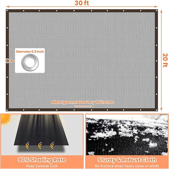 Riare 90% Black Shade Cloth- 20 x 30 FT Sunblock Garden Shade Cloth, Sun Shade Mesh Tarp with Reinforced Grommets for Greenhouse, Garden, Plants, Patio, Backyard, Pergola, Chicken Coop