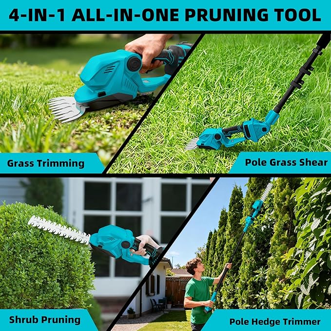 4-in-1 Pole Hedge Trimmer & Cordless Grass Shears,2×4.0 Ah Batteries & Included Charger,Dual Blade Design,Extension Tree Pruner,Bush Trimmer for Tree Trimming/Garden/Lawn