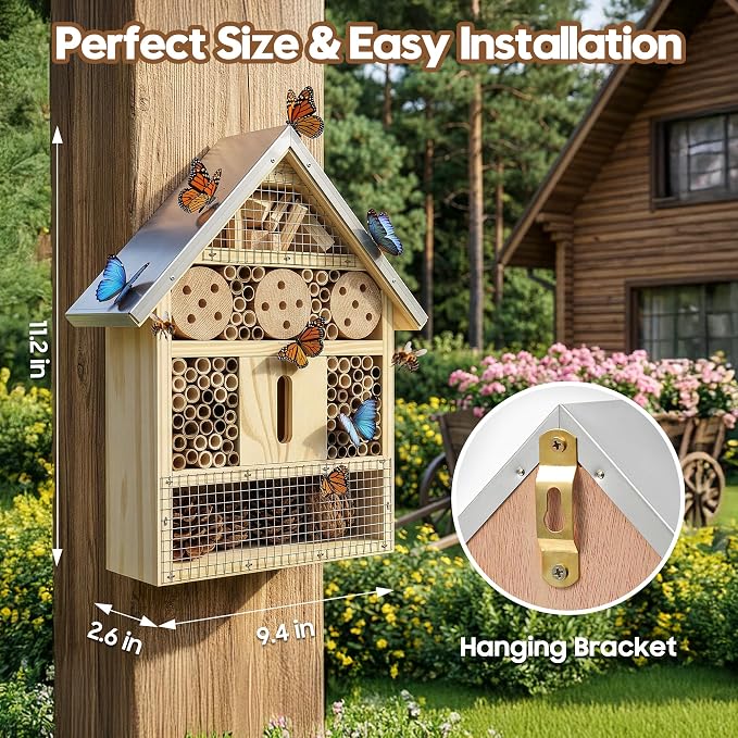 UUMENHA Insect Hotel & Mason Bee House - Butterfly House,Multi-Functional Bee Hotel for Garden, Attract Pollinators,Durable Natural Wood Design,4.13×2.56×10.63 inches