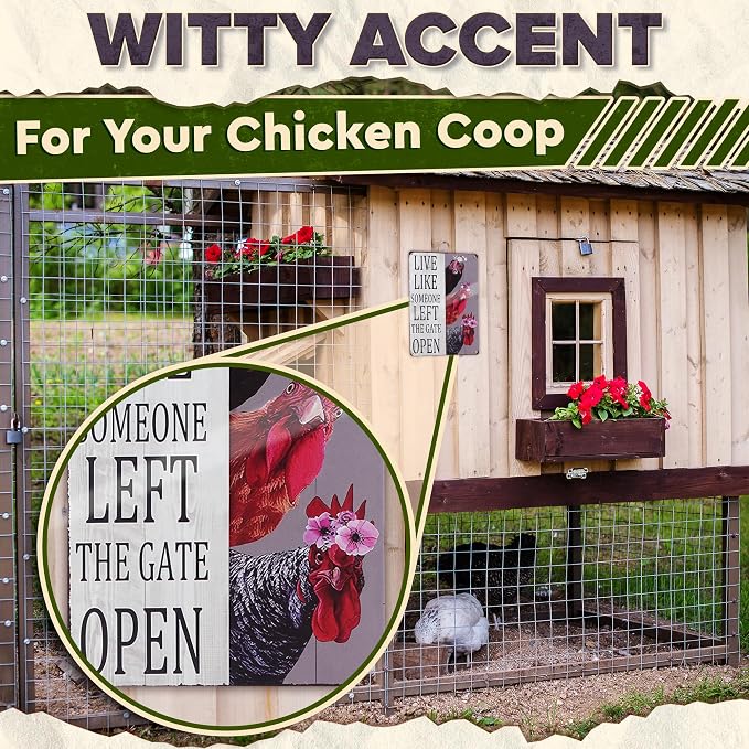 Metal Funny Chicken Coop Signs for Outside 8x12 inch - Live Like Someone Left The Gate Open Sign – Rustic Tin Farmhouse Wall Art and Vintage Chicken Decor for Kitchen, Porch, Barn, Backyard, or Garden