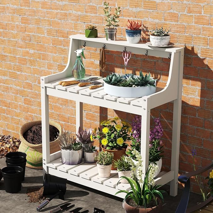 Garden Potting Bench for Outside, HDPE Outdoor Potting Table with Storage Shelves & Tool Hooks, All Weather Planting Workstation for Patio Backyard Garden (White)