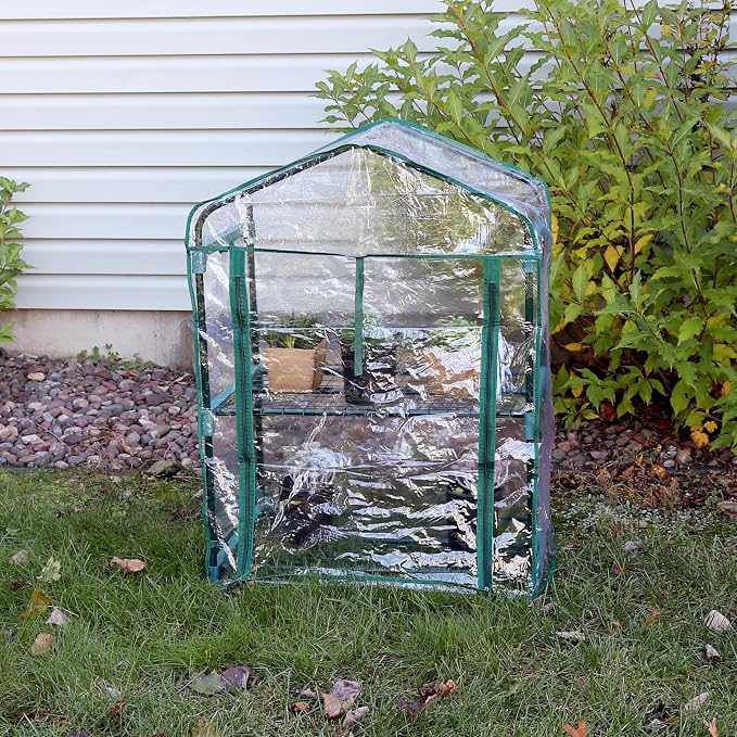 Sunnydaze Outdoor Portable 2-Tier Mini Greenhouse with Roll-up Zippered Door and Steel Wire Shelves - Clear