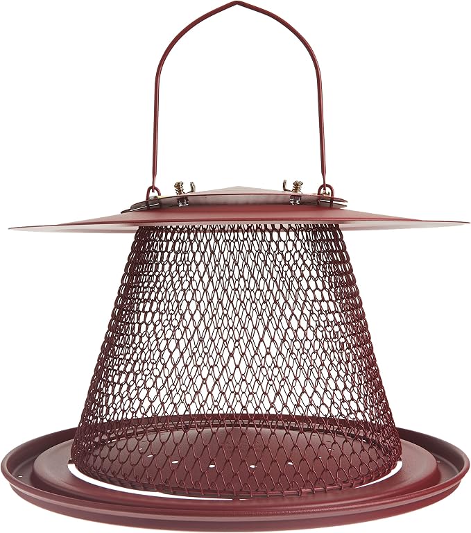 Perky-Pet Red Cardinal Wild Bird Feeder - 2.5 lb Seed Capacity, Holds Up to 15 Birds Simultaneously, Metal Hanging Feeder for Outdoors, Collapsible Mesh Design, Built-In Hook & Circular Tray, C00322