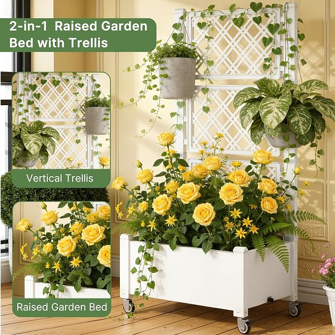 Miory 60" Raised Garden Bed with Trellis & Wheels, Vertical Gardening Planter Box with Water Level Indicator and Drainage System for Garden Outdoor Patio Balcony