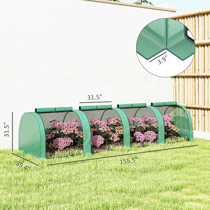Outsunny 13' x 3' x 2.5' Mini Greenhouse, Portable Tunnel Green House with Roll-Up Zippered Doors, UV Waterproof PE Cover, Steel Frame, Green