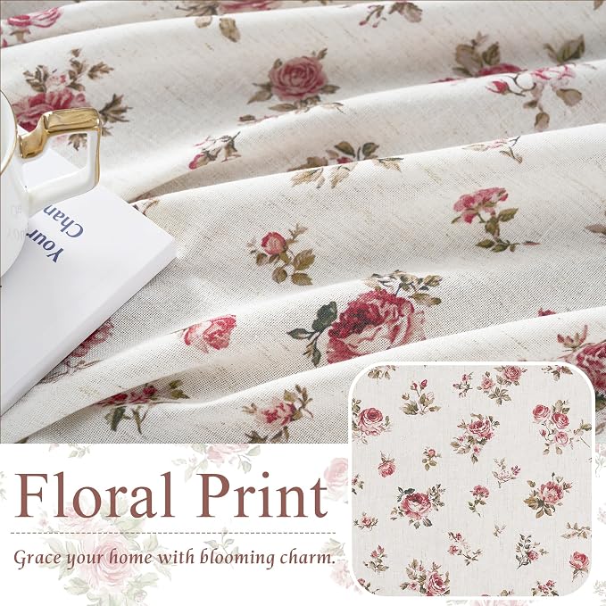 StangH Floral Pinch Pleated Kitchen Curtains Natural Linen Cafe Tier Farmhouse Light Filtering Small Drapes for Cabinetry/Laundry Room,W26xL36,Dusty Rose,2 Panels（10 Plastic Hooks with 2 Extra）