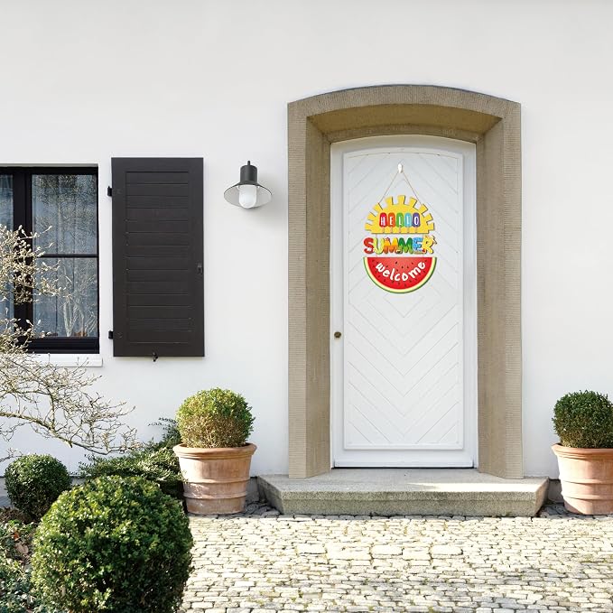 HOURIA Hello Summer Welcome Front Door Sign,11.4"*14.6"Inch Watermelon Sunshine Wood Hanging Plaque for Wreath,Colorful Summer Ice Cream Door Hanger for Porch Garden Farmhouse Indoor Outdoor