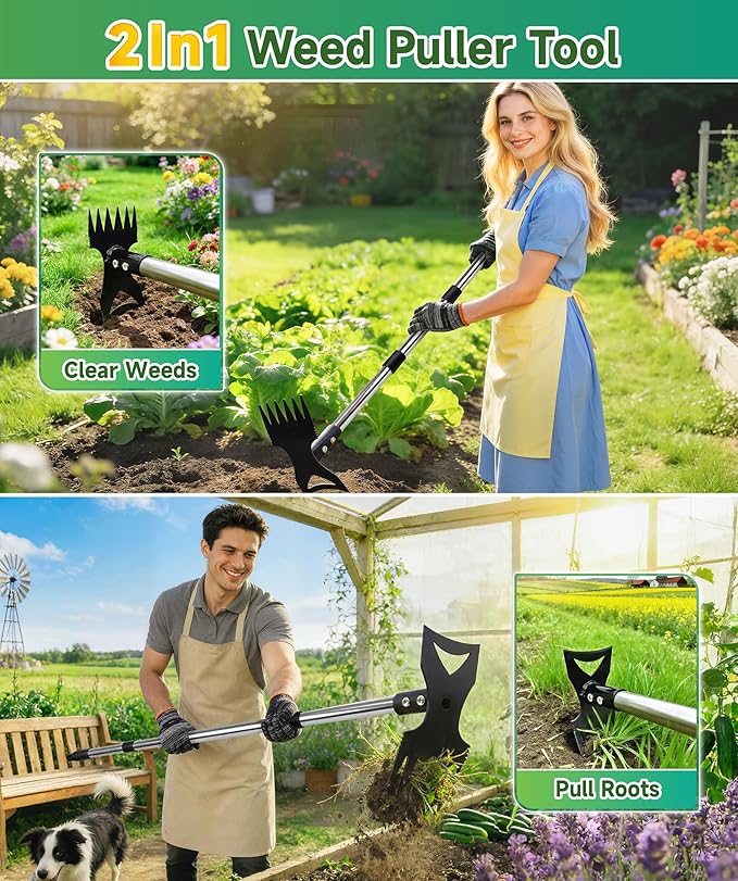 71in Weed Puller Tool with Long Handle, 2 in 1 Heavy Duty Garden Hoe and Hand Weed Rake, Adjustable Manual Weeders for Uprooting with Gloves for Gardens, Lawns, Yards