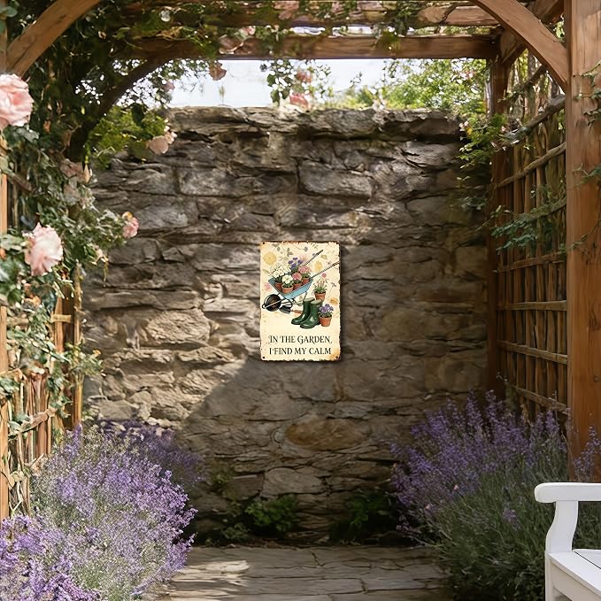 Funny Garden Signs, Vintage Garden Gift, Garden Decor for Outside, in The Garden I Find My Calm Sign, Weatherproof Aluminum Outdoor Decor for Patio Yard Greenhouse Home, Wall Decor 8x12 Inch