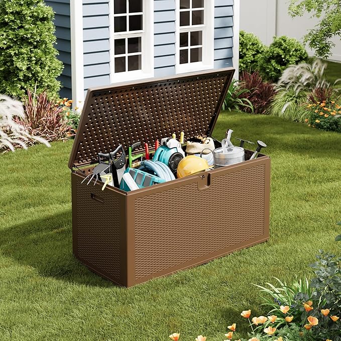 IDEALHOUSE 150 Gallon Resin Deck Box, Waterproof Outdoor Storage Box with Lockable Lid & UV Resistant, Patio Furniture Cushion Storage Container for Garden, Backyard, Poolside (Brown)