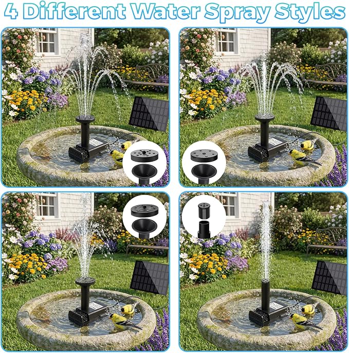 2W Solar Water Fountain, DIY Solar Fountain Pump Kit with 4 Spray Nozzles, 9.84ft Power Cord, Solar Powered Bird Bath Fountain Pump for Garden Pond, Patio, Outdoor Solar Fountain