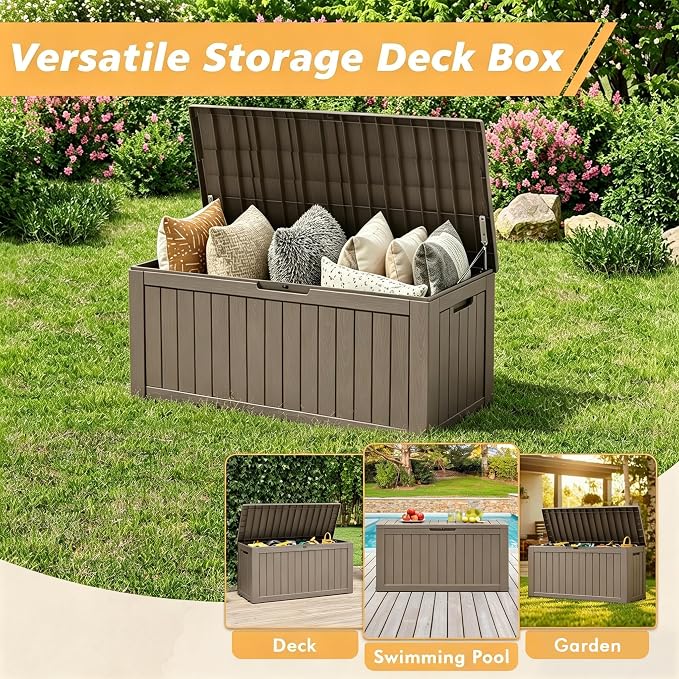 Fancyango 110 Gallon Outdoor Deck Box Waterproof, Large Storage Box for Patio, Resin Storage Bench Lockable for Garden Tools, Package Delivery, Grey