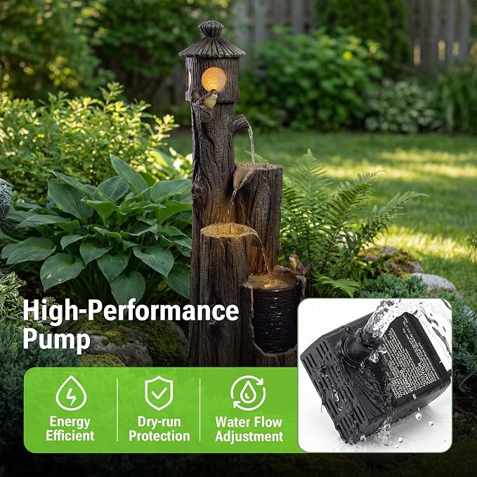 42-Inch Outdoor Water Fountain, 4-Tier Resin Birdhouse Waterfall Fountain with 4 Warm LED Lights, Rustic Tree Trunk Design, Home Decor for Garden, Porch, Deck, Yard, Patio, Lawn in Black