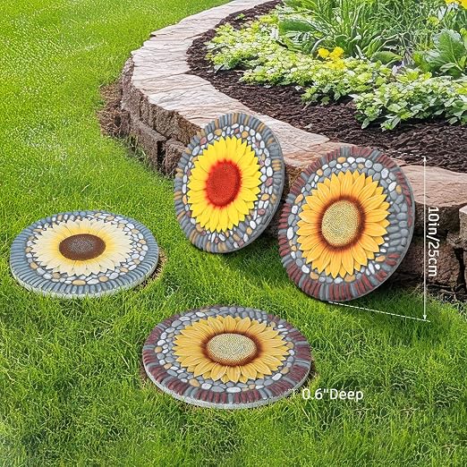4 Pack Sunflower Stepping Stones for Garden, 10-Inch Faux Stepping Stones Outdoor, Decorative Hand-Painted Garden Stones, Weather-Resistant Pathway Stones for Walkway Yard Patio, Large Stepping Stones