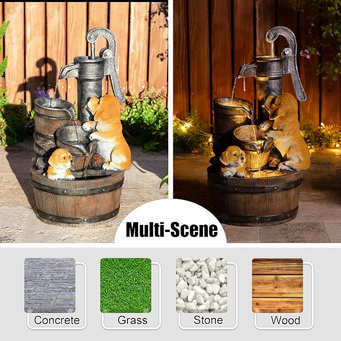 Glitzhome Water Fountain Outdoor, Outdoor Fountain with Lights & Pump, 23.75" H Cute Dog Playing Around The Water Polyresin Cascading Waterfall Floor Standing Water Feature for Garden, Patio