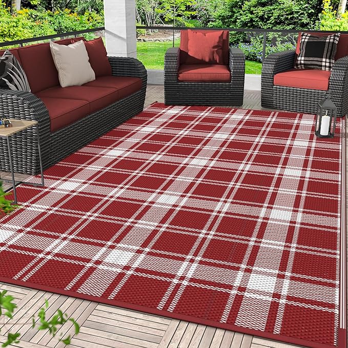GENIMO Waterproof Outdoor Rug for Patio Clearance, 6'x9' Reversible Plastic Straw Rugs, Lightweight RV Camping Mat for Camper, Balcony, Deck, Backyard, Picnic, Red White Plaid