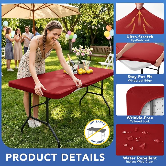 Fitted Tablecloth for 6 Foot Rectangle Tables-6 Pack Red Elastic Outdoor Picnic Table Cover-Spandex Stretch Christmas Table Cloths 6 ft for Camping Dining Room Patio Kitchen Banquet Party