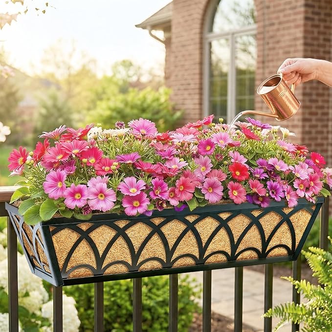 24 Inch Railing Planter Box Window Boxes Planters - 6 Pack Deck Railing Planter Boxes with Adjustable Brackets Coco Liners Balcony Planters Railing Hanging for Window Flower Boxes Outdoor Garden Decor