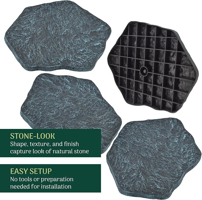 Arcadia Garden Products Set of 4, 16x17” Brushed Teal Stepping Stone Fiberclay Pavers, Outdoor Garden Natural Repeatable Pattern Pathway, Faux Stone Decorative Landscaping Walkway