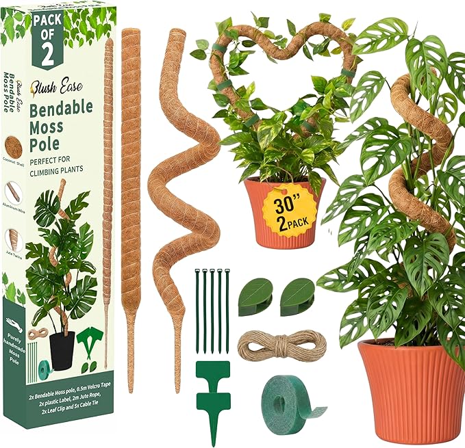 30 Inches Bendable 2 Pack Moss Pole Monstera Plant Support Stakes - Moss Poles for Climbing Plants, Plant Stakes for Indoor Plants - Coco Coir Pole Moss Stick for Monstera, Pothos.