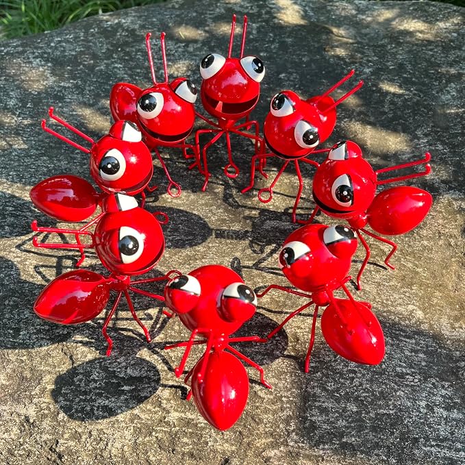 Cruis Cuka Metal Yard Art Garden Decor for Outside Cute Ants Yard Decorations Outdoor Lawn Ornaments Backyard Gifts for Mom - Set of 8（All Red）