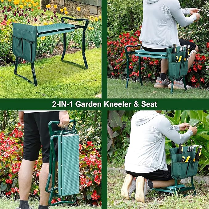 Garden Kneeler and Seat, Multifunctional Garden Kneeling Bench, Folding Gardening Stool, with a Tool Bags, EVA Foam Pad Outdoor Portable Kneeler Gardening Gifts for Women Men