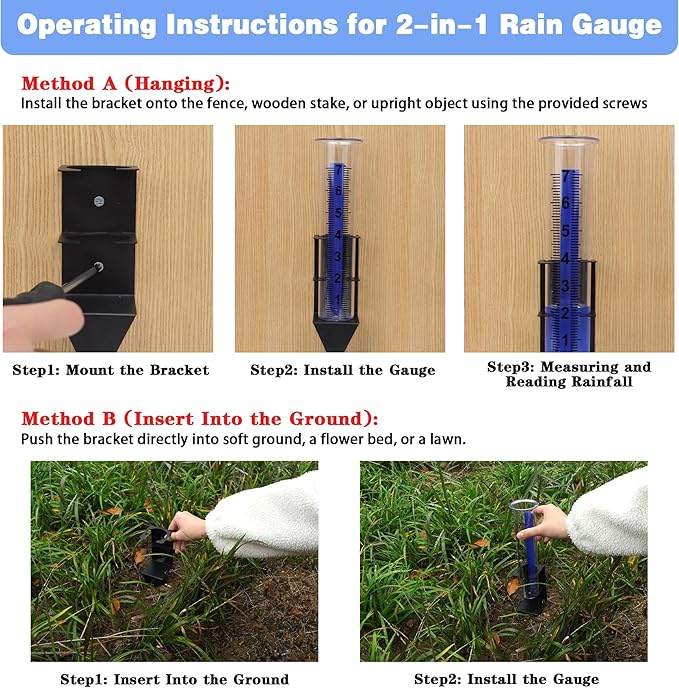 Rain Gauge Outdoor, 7" Capacity Rain Gauge Outdoors Best Rated with Stainless Steel Mounting Rack Holder, Freeze Proof Plastic Large Rain Gauge for Yard Garden Fence Lawn Patio Farm