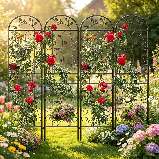 4 Pack 87x20in Garden Trellises, Daisy & Bird Black Metal Coated Rustproof Trellis for Climbing Plants Outdoor, Roses, Vegetables, Vines, Cucumbers