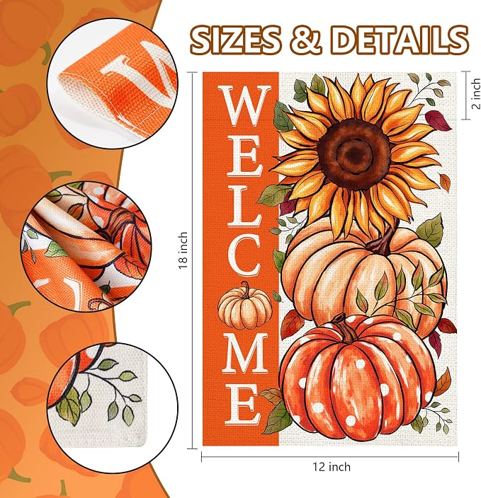 Sunflower Pumpkin Garden Flag 12x18 Inch, Double Sided Autumn Thanksgiving Burlap Flag for Yard Outdoor Decoration