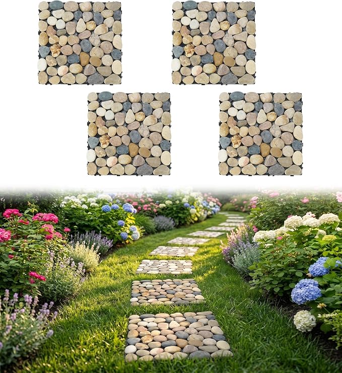 jxgzyy 4 Pcs Interlocking Stepping Stones Outdoor for Garden, 11.8" Square Pavers for Landscaping, Outside Pebble River Stone Mat for Yard Lawn Patio Pathway Walkway (Light Colour)