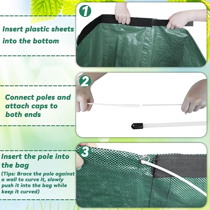 2 Pack 53-Gallon Reusable Leaf Bags with Flat Bottom Design - Dustpan Style Garden Bags for Easy Yard Waste Collection, Lightweight & Foldable