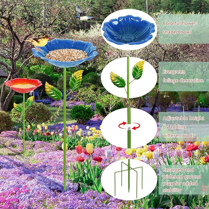 4 Pack Bird Baths for Outdoors, Colorful Metal Bird Bath for Outside, Hummingbird Bath with Five Stakes, Garden Flower Small Birdbath for Garden Decor (Royal Blue,Pink,Cyan,Deep Red)