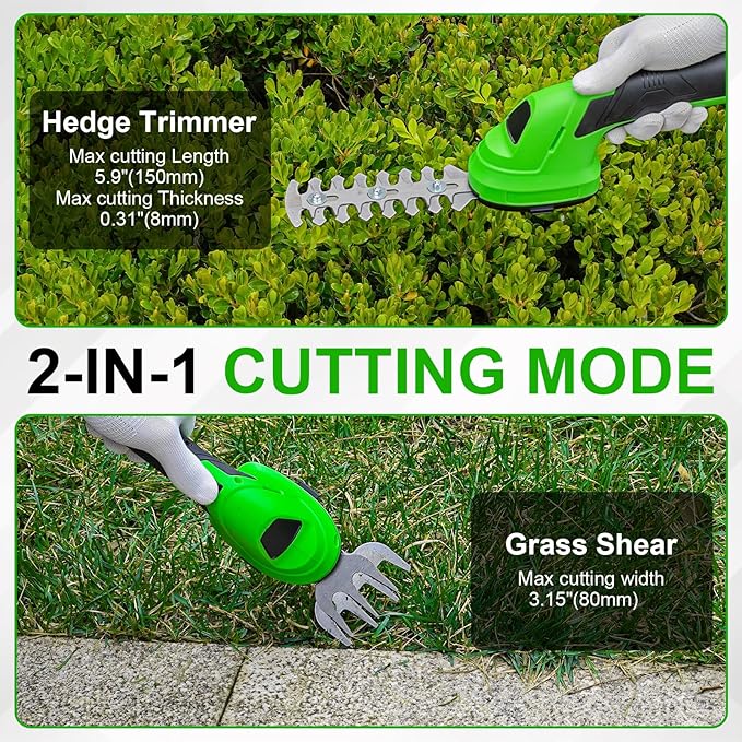 Cordless Grass Shear & Shrubbery Trimmer, 2-in-1 Handheld Hedge Trimmer, 7.2V Electric Grass Trimmer with USB Charger and 2.0Ah Battery, Lightweight & Portable Grass Shear for Garden Yard Lawn