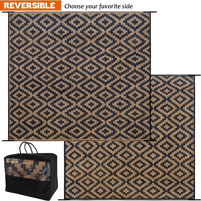 SAND MINE Reversible Mats, Plastic Straw Rug, Modern Area Rug, Large Floor Mat and Rug for Outdoors, RV, Patio, Backyard, Deck, Picnic, Beach, Trailer, Camping, Black & Brown, 8' x 8'