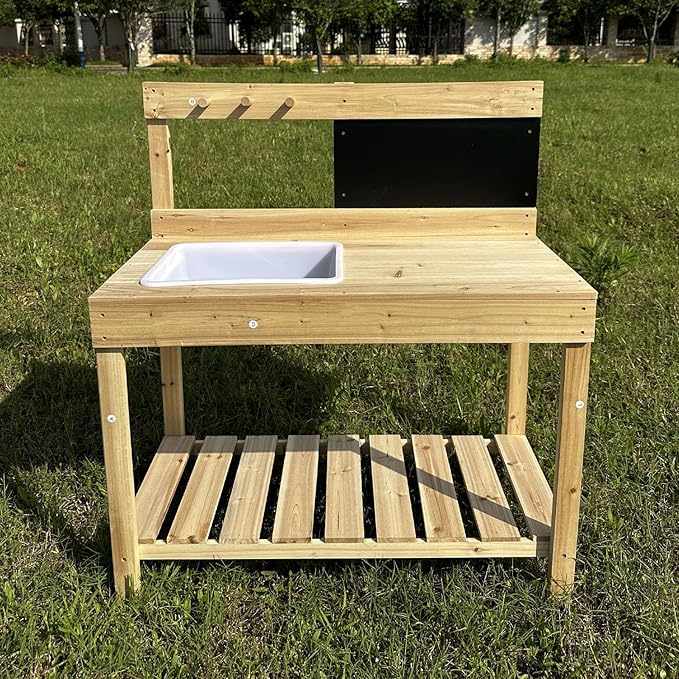 Kids Wooden Potting Bench with Chalkboard, Removable Basin, Storage Shelf and Hooks, Outdoor Garden Work Table,Educational Gardening Tools (Wood)