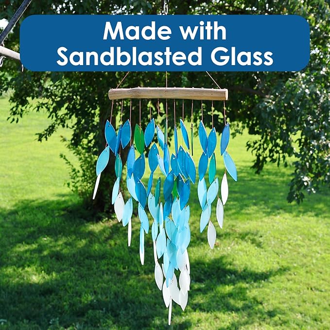 Blue Handworks Deluxe Ocean Ombre Waterfall & Driftwood Chime, Sandblasted Glass and Found Wood Handcrafted Wind Chime