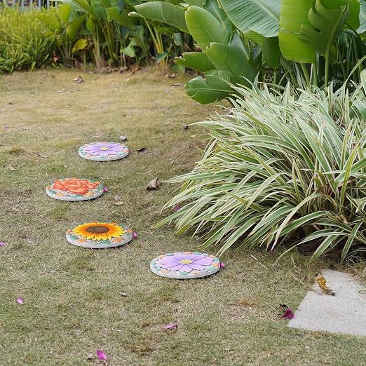 Decorative Rose Garden Stepping Stone - Stepping Stones Outdoor with Colorful Pebble Border, 10x10 inches