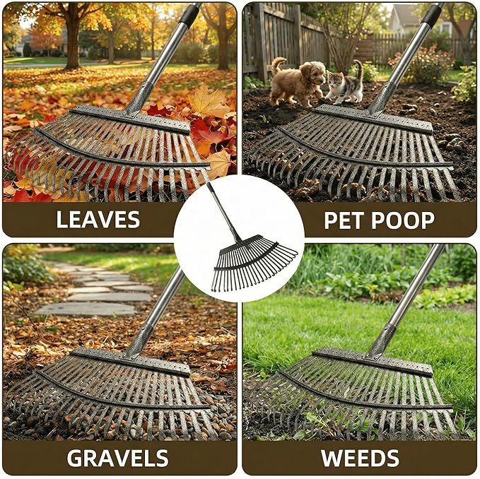 Garden Rake for Leaves, 20 Inch Ultra Wide Heavy Duty Metal Leaf Rake, 40-68 Adjustable Long Handle Yard Lawn Rake with 25 Tines for Grass Pine Needles Debris, for Kids and Adults