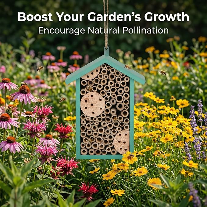 Topadorn Insect Habitat Wall Mounted Bee House Natural Bamboo Tube Bee Hotel with Metal Hanging for Outdoor Garden or Yard Bee House Attracts Many Types of Bees,Green