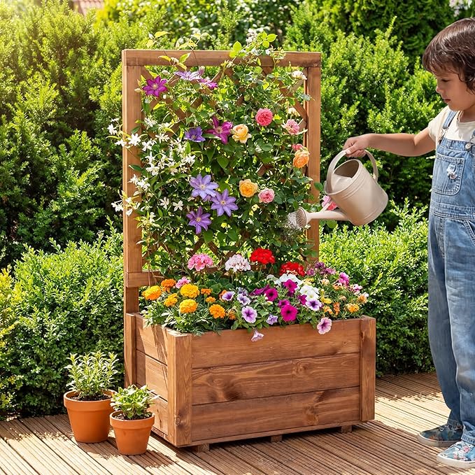 Giantex Raised Garden Bed with Trellis, 23”x14”x40” Wood Elevated Planter Box w/Drainage Hole for Climbing Vine Flower Herb Vegetable Fruit, Planting Container for Indoor Outdoor Patio Balcony