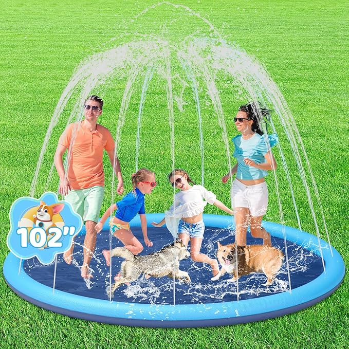 YSJILIDE Non-Slip Large Sprinkler Splash Play Mat,Splash Pad for Kids and Dog (Blue, XXXL-102)