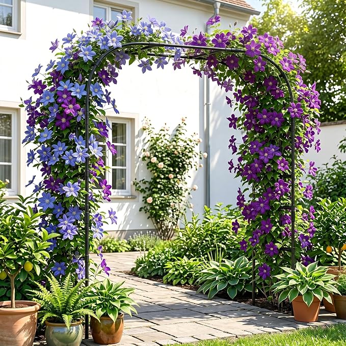 DoCred Garden Arch Trellis for Climbing Plants, 87 Inch Large Garden Trellises Outdoor Metal Plants Support Archway Arbor Tunnel Trellis for Vegetables Plant Decoration, Black