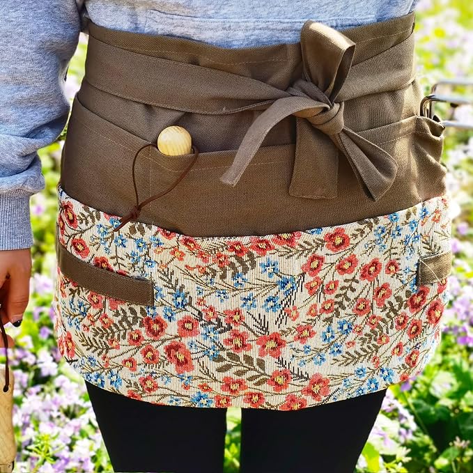 Garden Apron for Woman, Serve Apron Cute, Flora Half Apron with 8 Pockets, Valentines Gift for Mom Wife Girlfriend